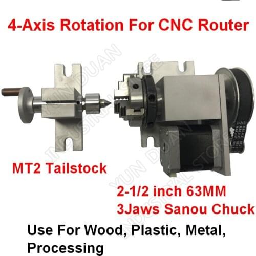 4 axis, rotation, A axis 4th rotary& 3 jaws Sanou K01-63 2.5inch 63mm chuck & MT2 Tailstock For Router Woodworking CNC