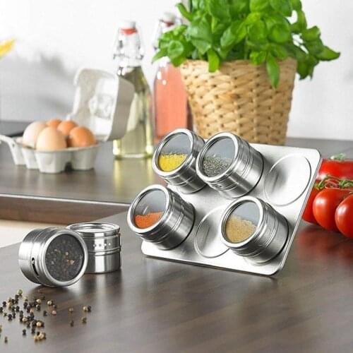 6Pcs Magnetic Spice Jar with Rack Stainless Steel Spice Sauce Storage Container Seasoning Bottle Spices Cans Kitchen Condiment