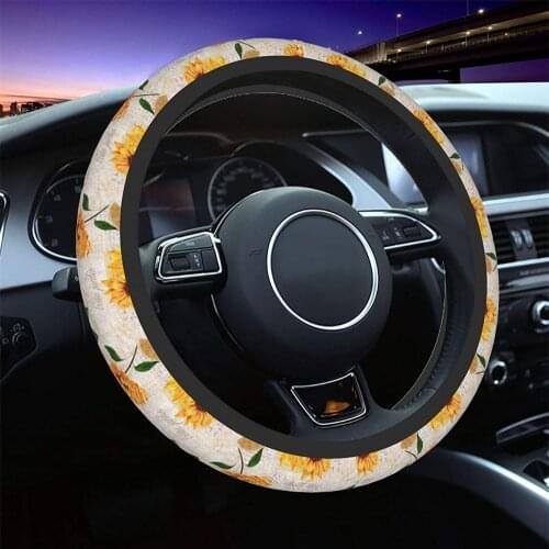 Vintage Grunge Yellow Sunflower Floral Steering Wheel Cover Universal Fit 15 Inch Car Wheel Protector For VW Passat B8 B5 B7