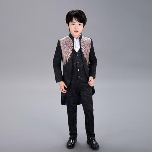 ChildrenS Black Sequins Tuxedo Three-Piece Stage Catwalk Host Boy Performance Stage Costumes Hip Hop Dance Rave Clothes DN7018
