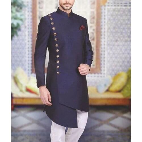 Handsome Groomsmen Mandarin Lapel Groom Tuxedos Mens Wedding Dress Man Jacket Blazer Prom Dinner (Jacket+Pants+Tie) A114