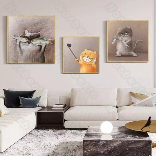Creative Cartoon Cute Gray and Yellow Cats Eating Fish Modern Style Canvas Painting Poster Print for Nursery Rooms Wall Decorati