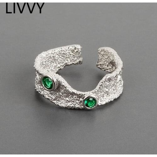 LIVVY Silver Color Rough Irregular Green Zircon Ring Female Fashion Romantic Couple Handmade Jewelry