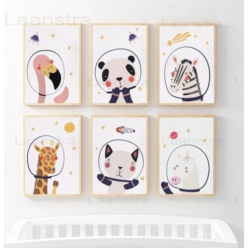Cartoon Animal Cat Canvas Painting Flamingo Childrens Room Decoration Astronaut Panda Poster and Print Wall Picture Unicorn