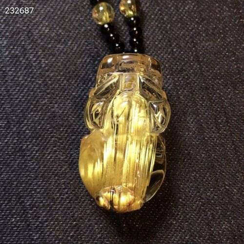 Natural Gold Rutilated Quartz Pendant Brazil 22*12*9mm Wealthy Pi Xiu Carved Women Jewelry 18K Gold AAAAAA