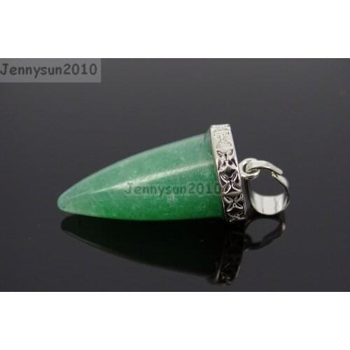 Natural Green Aventurine Gems Stones Pointed Cone Spike Horn Tusk Tooth Silver Pendant Charm Beads Necklace Jewelry 10Pcs/Pack