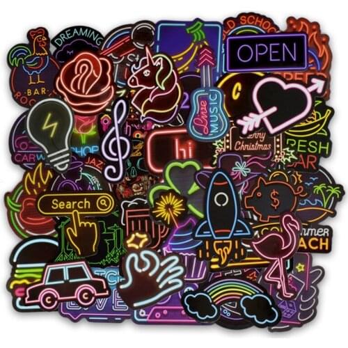 50 PCS Neon Light Sticker Anime Icon Animal Cute Decals Stickers Gifts for Children to Laptop Suitcase Guitar Fridge Bicycle Car