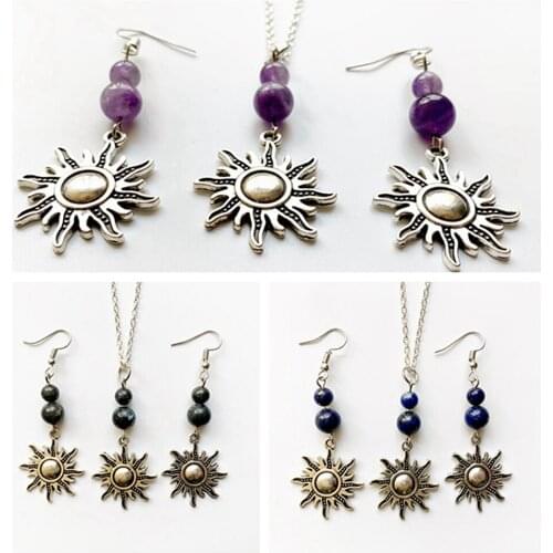 Sun Pendant Necklace Silver-color Chain Tassel Necklace Natural Stone Beads Necklace Earrings Set Jewelry Black Blue Purple