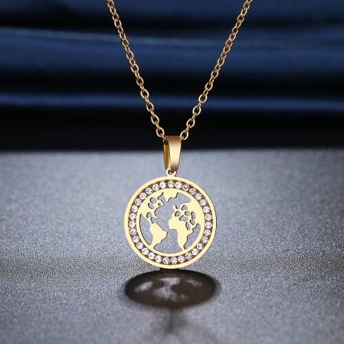 CACANA 316L stainless steel World Map Necklace NEW Crystal Rhinestone Necklaces For Women Wedding Valentines Day Gifts