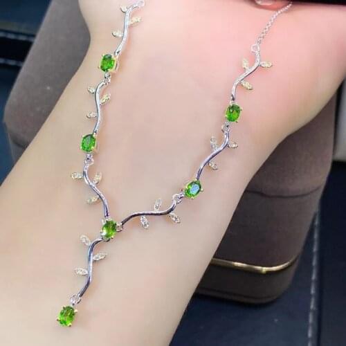 Fashion leaf tassels Natural green diopside gem Necklace natural gemstone Pendant Necklace S925 silver women party gift Jewelry
