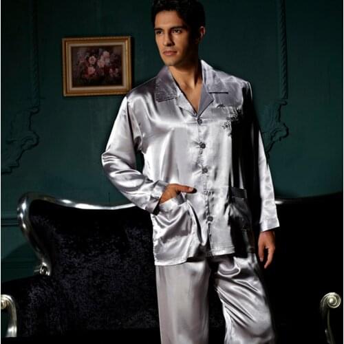 XIFENNI Brand Mens Pajamas Embroidery Long-Sleeved Pajama Pants Sets Sexy Satin Silk Pyjama Lounge Sets Hot Trend 3313