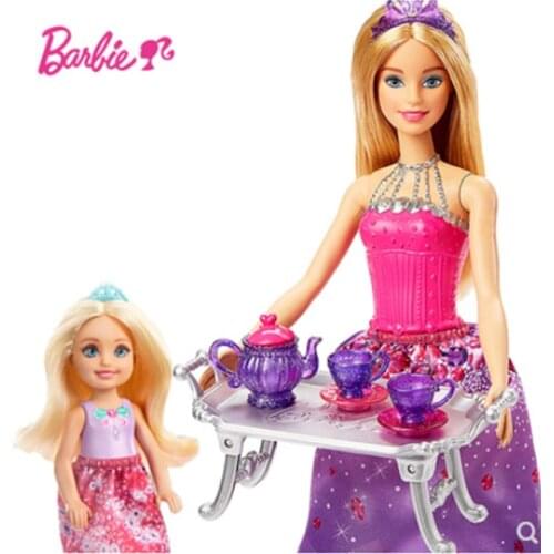 Genuine Barbie Doll Barbie and Little Kelly Simulate Afternoon Tea Set Tray Cake 2dolls Girls Social Play Toys FPL88