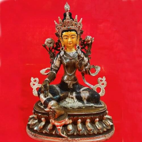 45cm Buddhism good gold gilding Buddha brass statue HOME family effective protection bronze GREEN Tara Guan yin Buddha statue