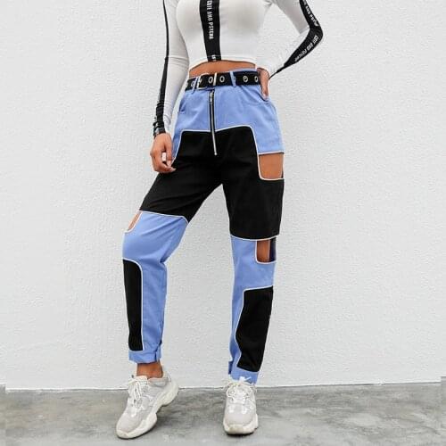 Spring Casual Hollow Out Pants Women Spliced Zipper Trousters Ladies Hip Hop Style Cargo Pants Women