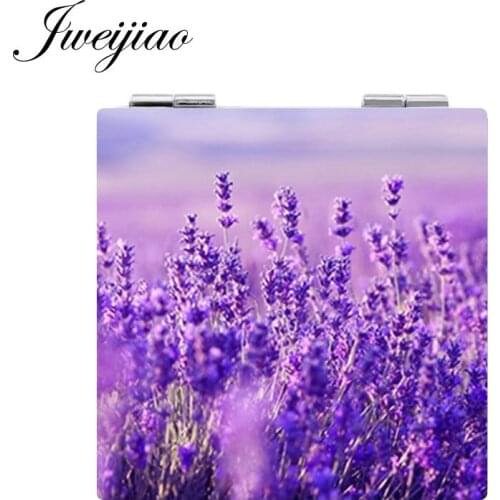 Youhaken Lavender Purple Flowers Makeup Mirror Mini Folding Square 1X/2X Magnifying PU Leather Pocket Mirror girls Beauty Tools