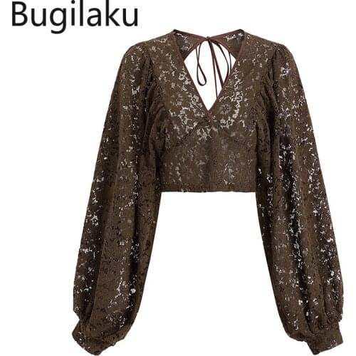 Bugilaku Lace Cut Out Shirts Women New Fashion Long Sleeve Vintage Elegant High Street Blouse Retro Chic Ladies Tops Blusas
