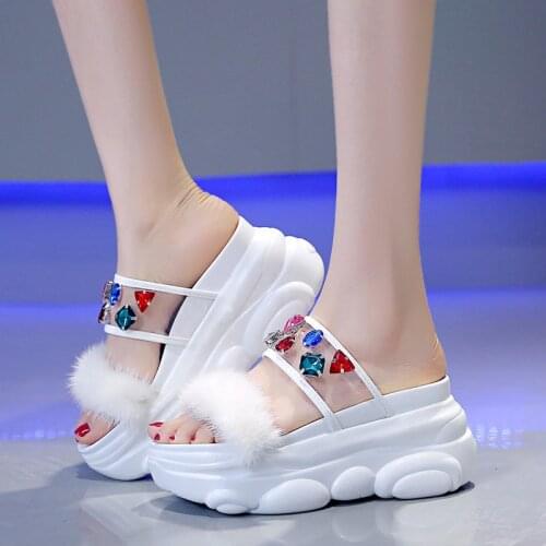 Summer Shoes Woman 2021 Fashion New Furry Slides for Women Wedges Platform Sandals Slippers Women Luxury Open Toe High Heels