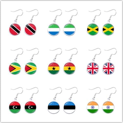 Trinidad,Sierra leone,Jamaica,Guyana,Ghana,UK,Libya,Estonia,India National Flag Glass Cabochon Drop Earrings Jewelry For Women