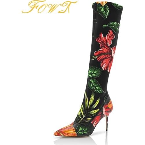Retro Flower Print Stiletto High Thin Heel Knee HIgh Boots Women 2021 New Autumn Pointed Toe Long Booties Party Dress Shoes 44