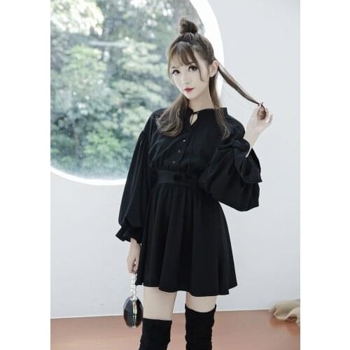 New Arrival Gothic Girls Dresses Chest Hollow Out Lace Up Collar Sexy Women Dresses Long Sleeve A Line Black Punk Dress