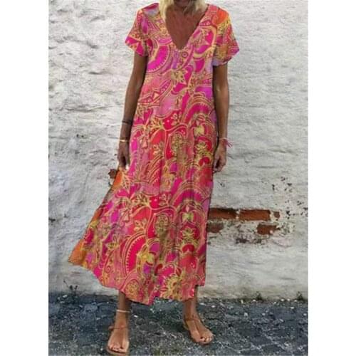 Elegant V-Neck Short Sleeve Sundress Vintage Summer Floral Printing Ankle-Length Dress Casual Women Long Dress Vestidos 2021