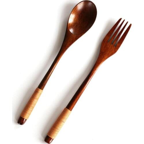 2Pcs/set Wooden Spoon Fork Set Portable Cutlery Set Wood Spoon Salad Fork Japanese Style Dinnerware Set LX7884