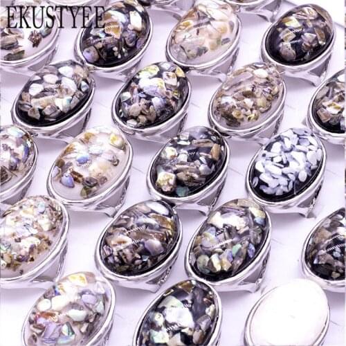 20pcs/Lot Big Natural Stone Shell Rings Oval Shape Antique Silver Plated Fashion Jewelry Party