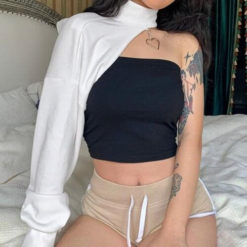 2021 Fashion One Shoulder Pullover Crop Top Women Long Sleeve Turtleneck Solid T-shirt Heart Pendant Backless Tee Streetwear