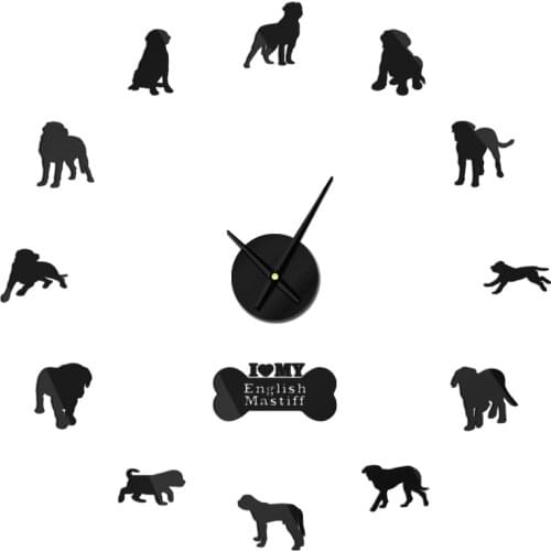 English Mastiff Original Dog Quiet Sweep Mirror Surface DIY Clock Decorative For Marker Lover Pet Owner Office Living Room