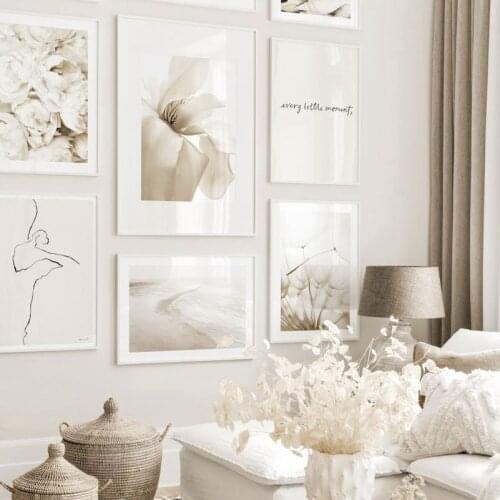 Beige Magnolia Ballet Line Girl Dandelion Flower Beach Wall Art Print Canvas Painting Nordic Poster Decor Pictures Living Room