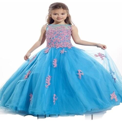 Turquoise Girls Pageant Dresses Patchwork Lace Organza Ball Gown Flower Girl Dresses For Weddings Party Prom Gowns