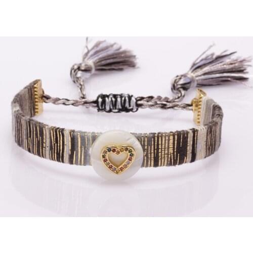 Gold mix rainbow cz heart sign good quality ethnic boho soft cotton tassel tail adjustable bracelet for woman daily jewelry 2020