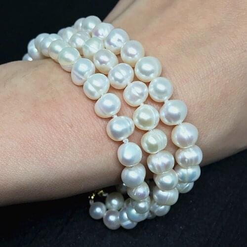 Natural white freshwater pearl charm round beads 7-8,8-9mm 3 rows high quality bracelet for women gift jewelry 7.5inch B1523