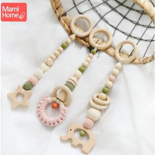 Mamihome 1set Wooden Teether Baby Gym Play Accessories Wood Ring Animals Pendant Food Grade Wood Teething Toy Photography props