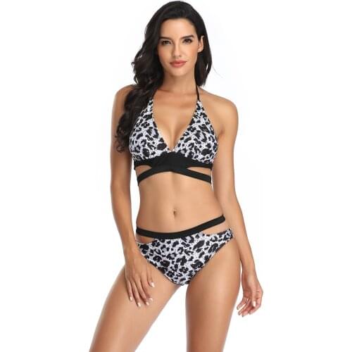 Sexy Cross Bandage Swimsuit Women Bikini 2021 Leopard Patchwork Swimwear Female Micro Bikinis Set Swimming for Bathing Suit Swim