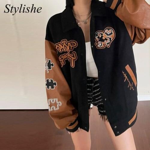 Black Brown Baseball Jacket Women Streetwear Embroidery Zip Faux Leather Patchwork Jackets Female Punk Fall Winter Coat Couple