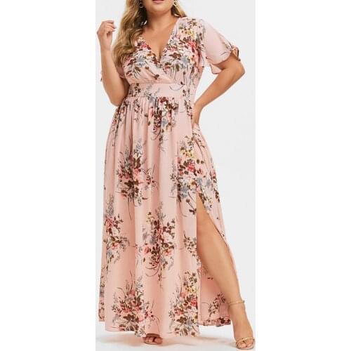 Summer Short Sleeve Maxi Dress Flower Print Women High Split Waist Tight Plus Size Flowy Hem Long Dresses Beachwear