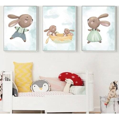 Cute Bunny Baby Cloud Boat Canvas Painting Nordic Rabbit Posters And Prints Wall Pictures For Kids Room Nursery Decor Cuadros