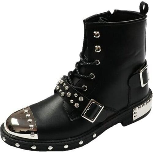 Men Punk Zip Metal Toe Buckle Rivet Casual Mid Calf Motorcycle Ankle Boots Motorcycle Dark Shoes New 2021