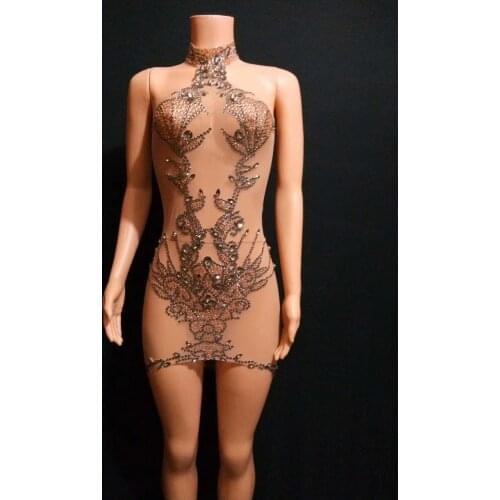 2020 Women New Big Stone Shiny Rhinestone Perspective Mesh Sexy Dress Dance Team Performing Costumes Celebrate Costume Dress