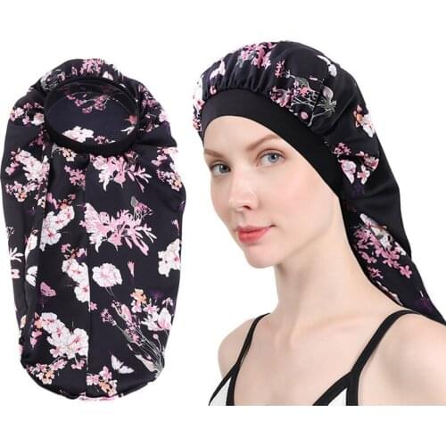 NewMultifunction Women Satin Sleep Night Cap Floral Silky Long Tube Bonnet Beauty Hair Care Cap Hair Loss Wrap One Size fit All