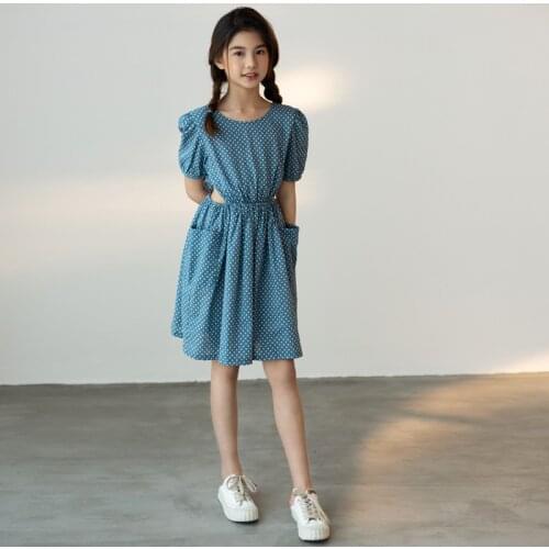 Korean Girls Dress 2021 Summer New Lantern Sleeve Blue Dot Square Collar Pockets Kids Cotton Dress Teen Children Clothes,#6173