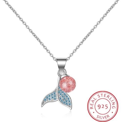 Romantic 925 Sterling Silver Blue Zirconia Mermaid FishTail Necklace For Women Natural Strawberry Crystal Jewelry S-N450