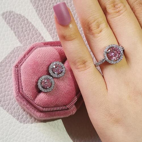 2pcs Pack 925 Sterling Silver Cushion Cut Zircon Jewelry Set Engagement Ring Stud Earring For Women Gift J416-pink