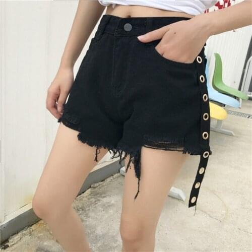New Korean Vintage Ripped Tassel Black High Waist Denim Shorts Women Casual Wide Leg Jeans Shorts Summer Female Hot Shorts