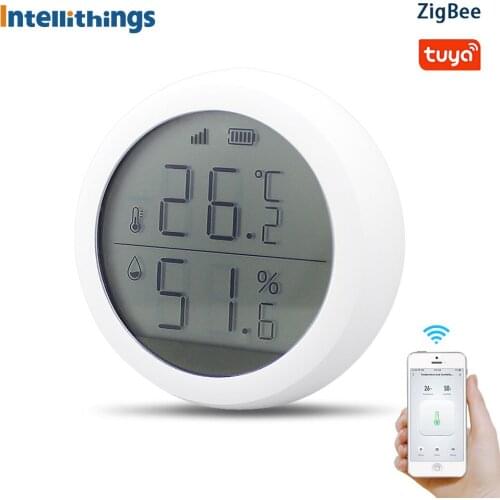 Intellithings Tuya Zigbee Smart Temperature Humidity Sensor LED Screen Thermostat Alexa Google Home Smart Alarm