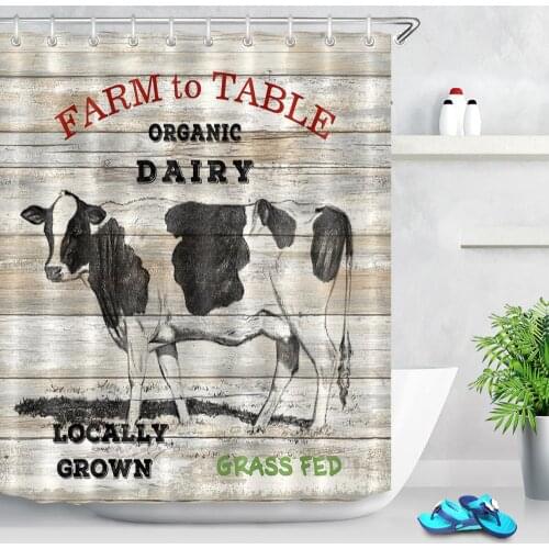 Rustic Wood Board Printing Farm Cow Shower Curtain Fabric Retro Animal Cattle Farmhouse Artwork Home Decor Bathroom Curtains