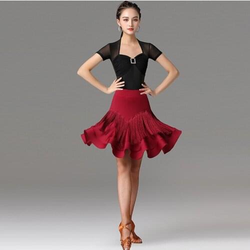Latin Dance Practice Clothing Female Adult 2021 New Sexy Short-Sleeve Top Half Length Fringe Skirt Rumba Tango Dancewear DQL5505