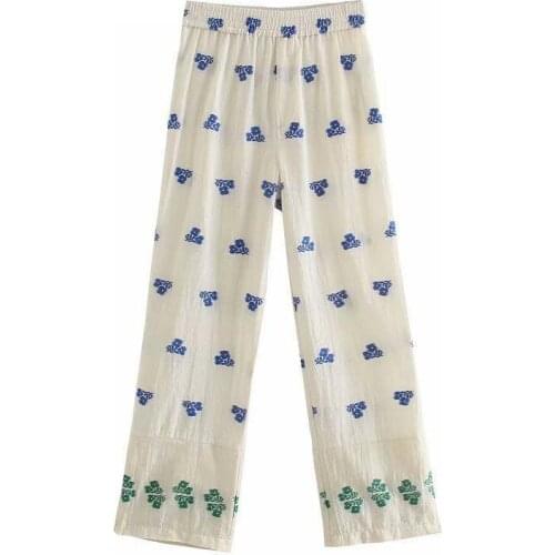Women 2021 Fashion Floral Embroidery Straight Pants Vintage Elastic Waist Split Hem Female Ankle Trousers Mujer