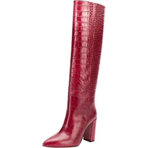 Women Knee High Boots Faux Leather Pointed Toe Boots Women Long Chunky High Heel Boots Red Snake Pattern Snow Boots